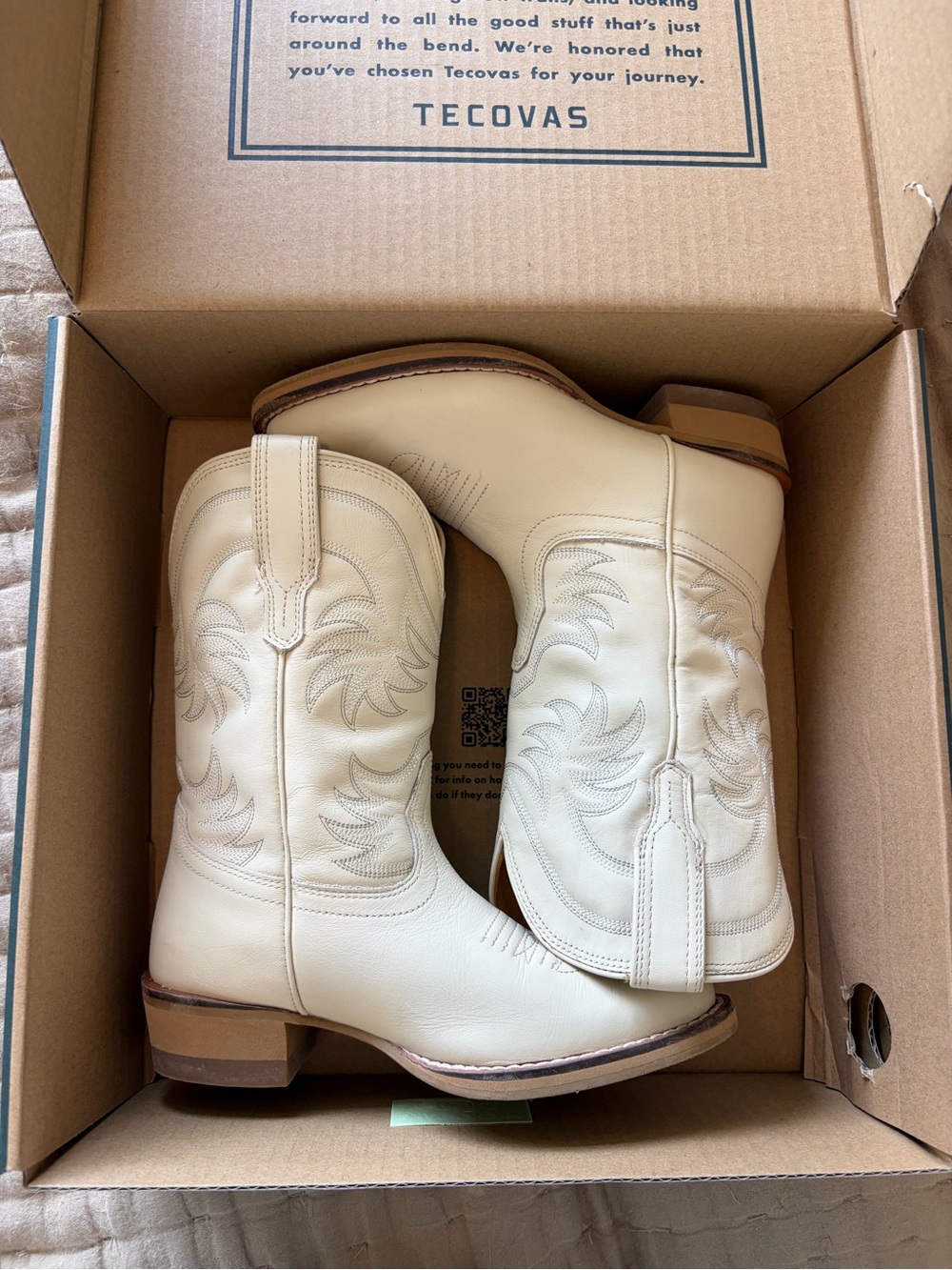 Kids Annie Tecovas Cream Leather Western Boots with Embroidered Shaft